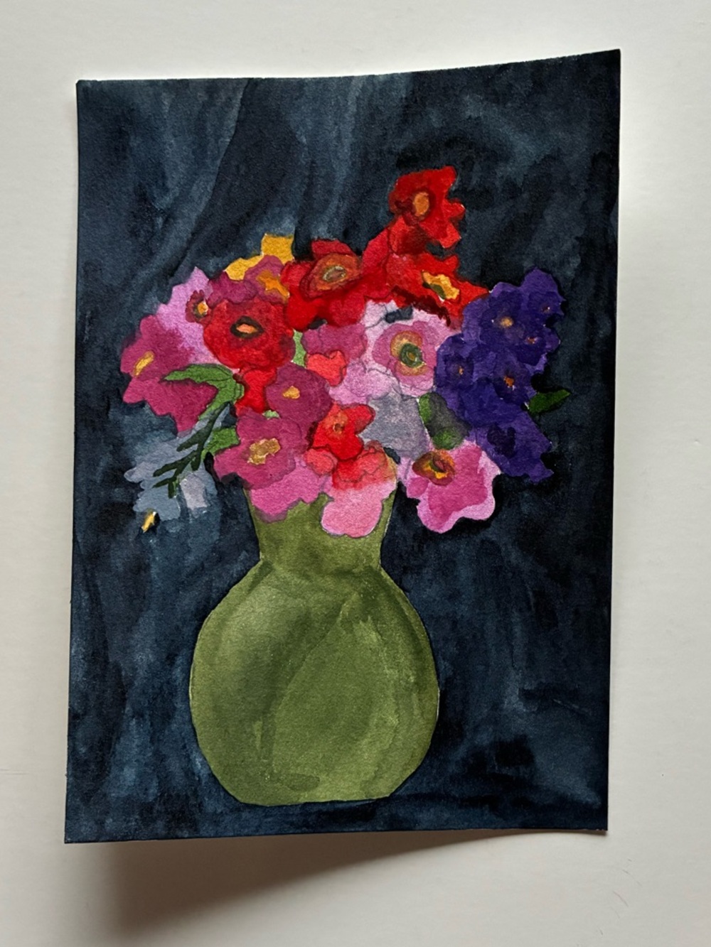 Hand-Painted Floral Watercolor with Green Vase - Bright Flowers